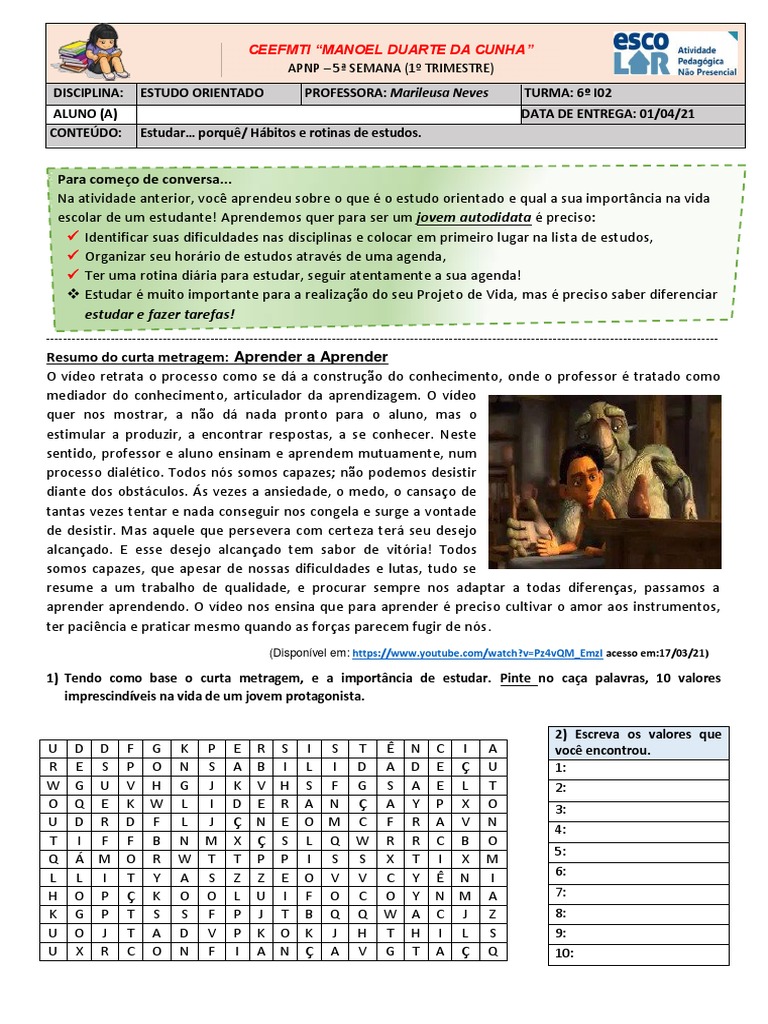 Atividades de Estudo Orientado 6º Ano | PDF | Aprendizado