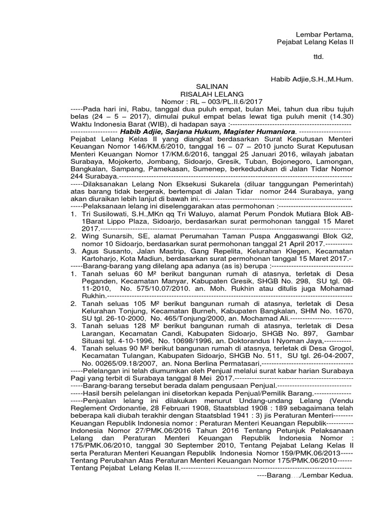 Risalah Lelang Contohnya | PDF