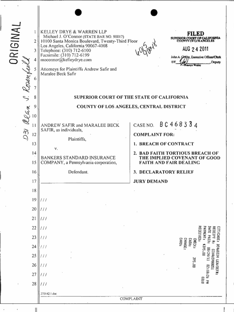 ANDREW SAFIR ET AL vs. BANKERS STANDARD INSURANCE COMPANY Complaint