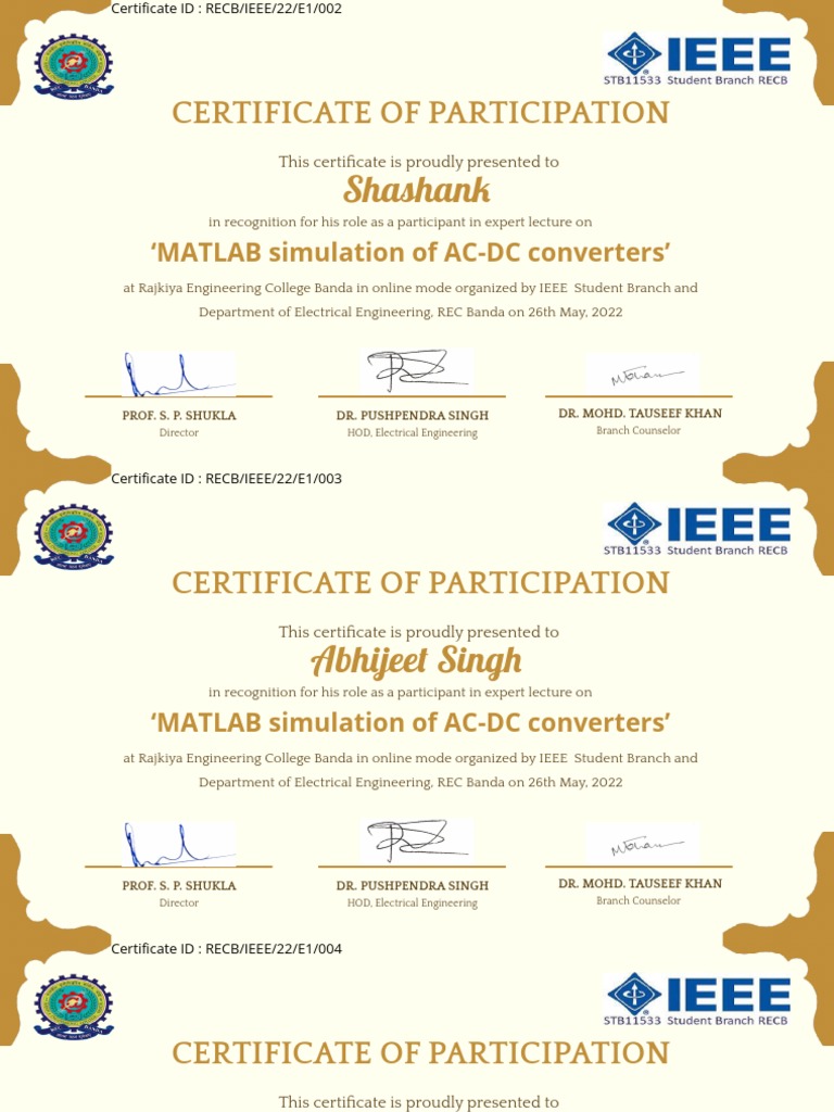 IEEE Participation Certificate for MATLAB Lecture | PDF | Computer ...