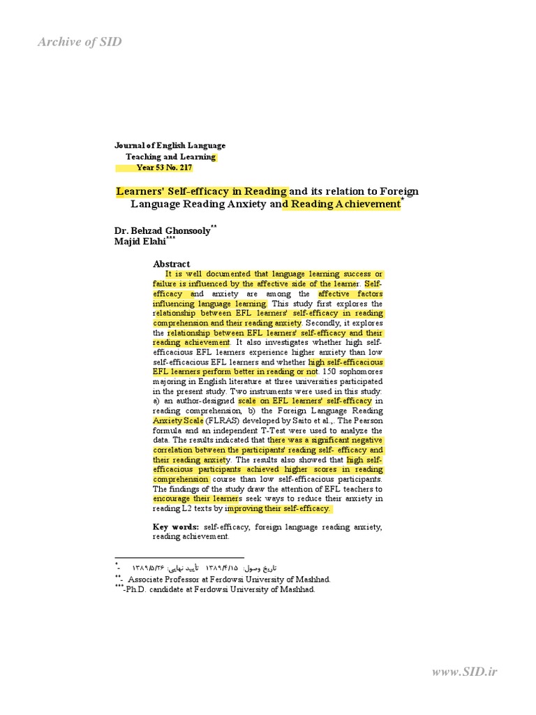 (2010) Learners SelfEfficacy in Reading and Its Relation To Foreign