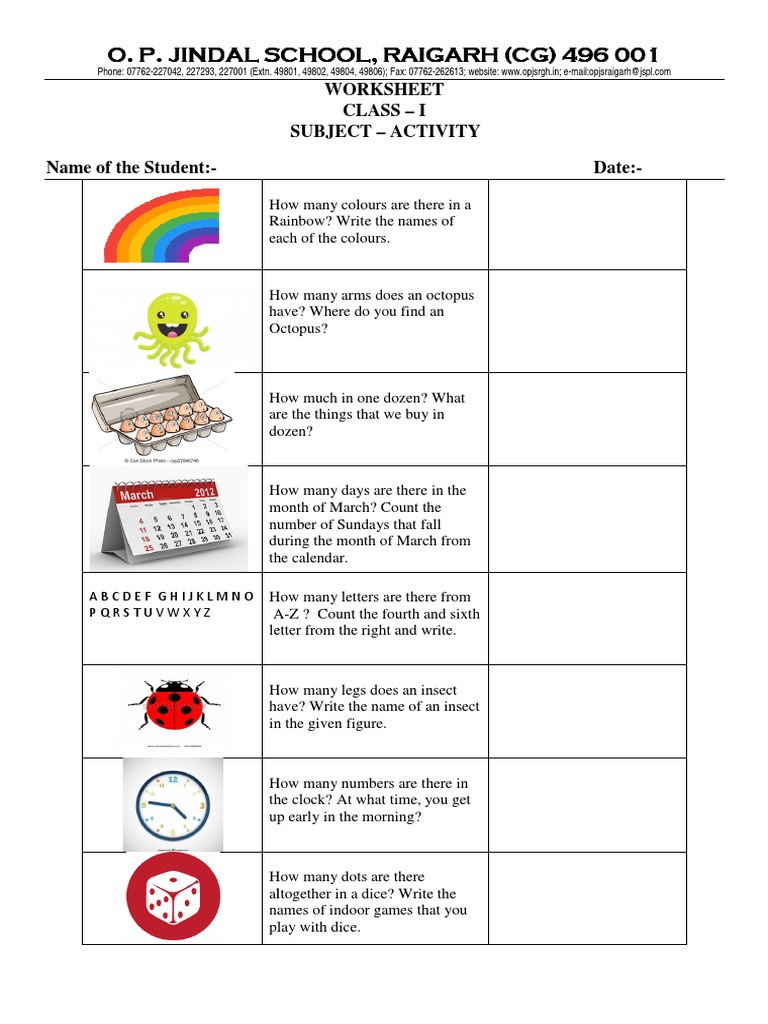 Class 1 Worksheet Test PDF