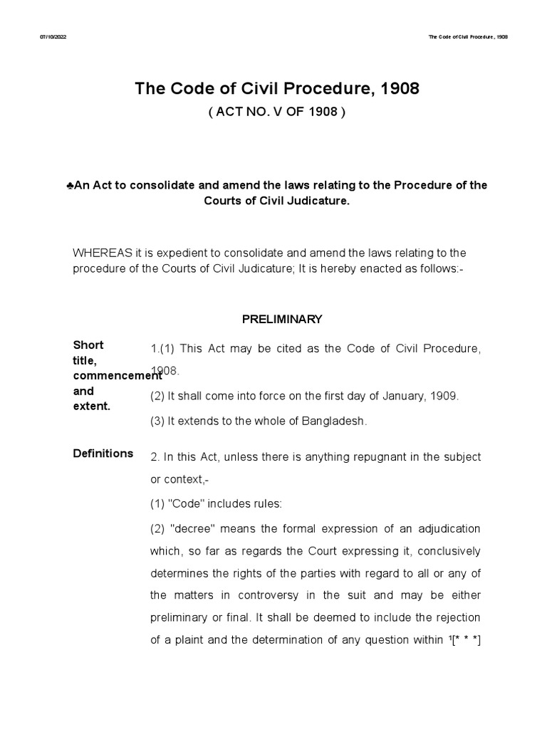 The code of civil procedure 1908 act no v of 1908 download free