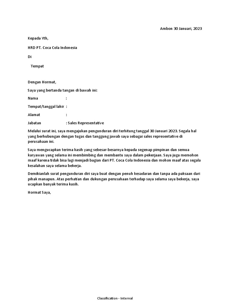Surat Pengunduran Diri (Contoh) | PDF
