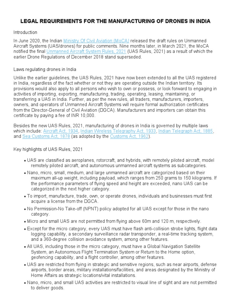 Legal Requirements For The Manufacturing of Drones in India PDF