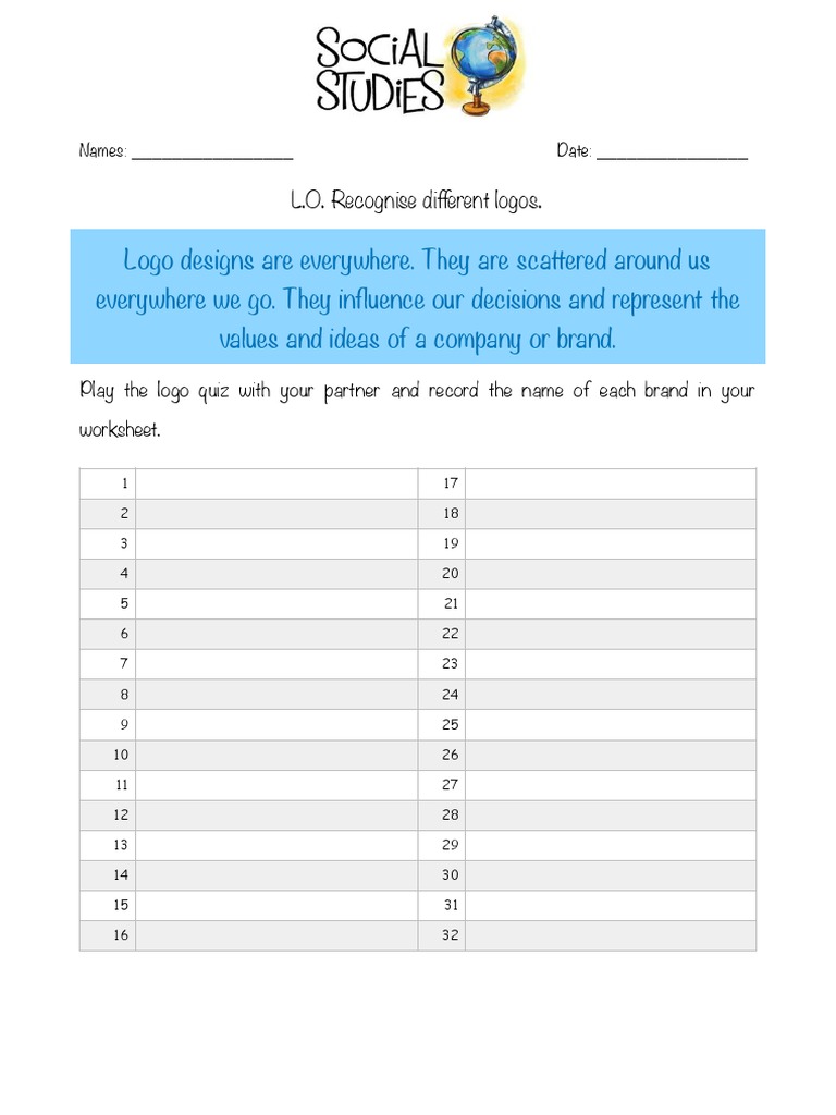 Recognizing Brand Identity: A Logo Quiz Worksheet Helps Students Learn ...