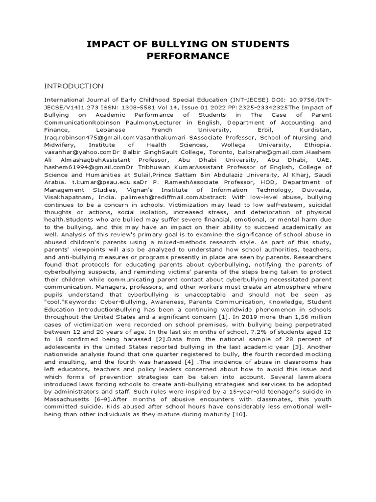 Bullying's Impact on Student Performance | PDF | Bullying | Cyberbullying