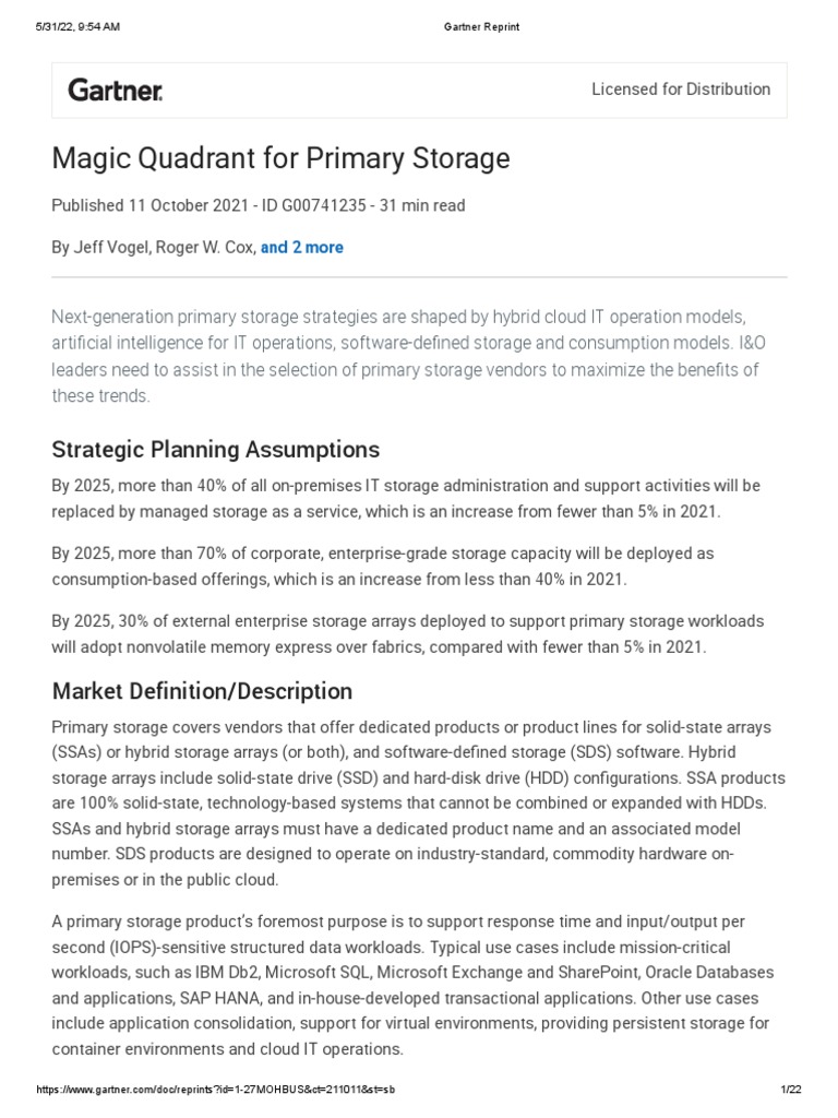 Gartner Reprint Storage Primary 2021 PDF Cloud Computing Business