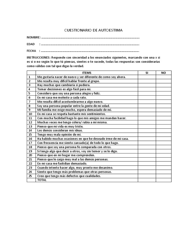 Cuestionario de Autoestima: 20 Preguntas | PDF | Relaciones personales ...