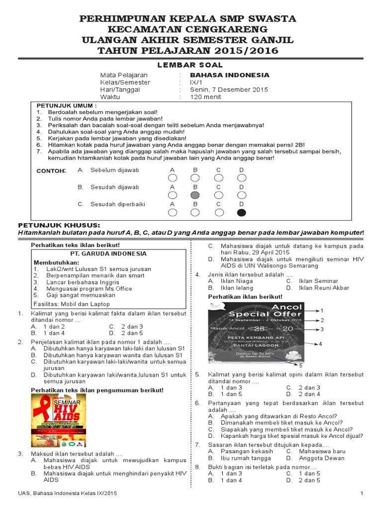 UAS Bahasa Indonesia Kelas IX 2015 | PDF