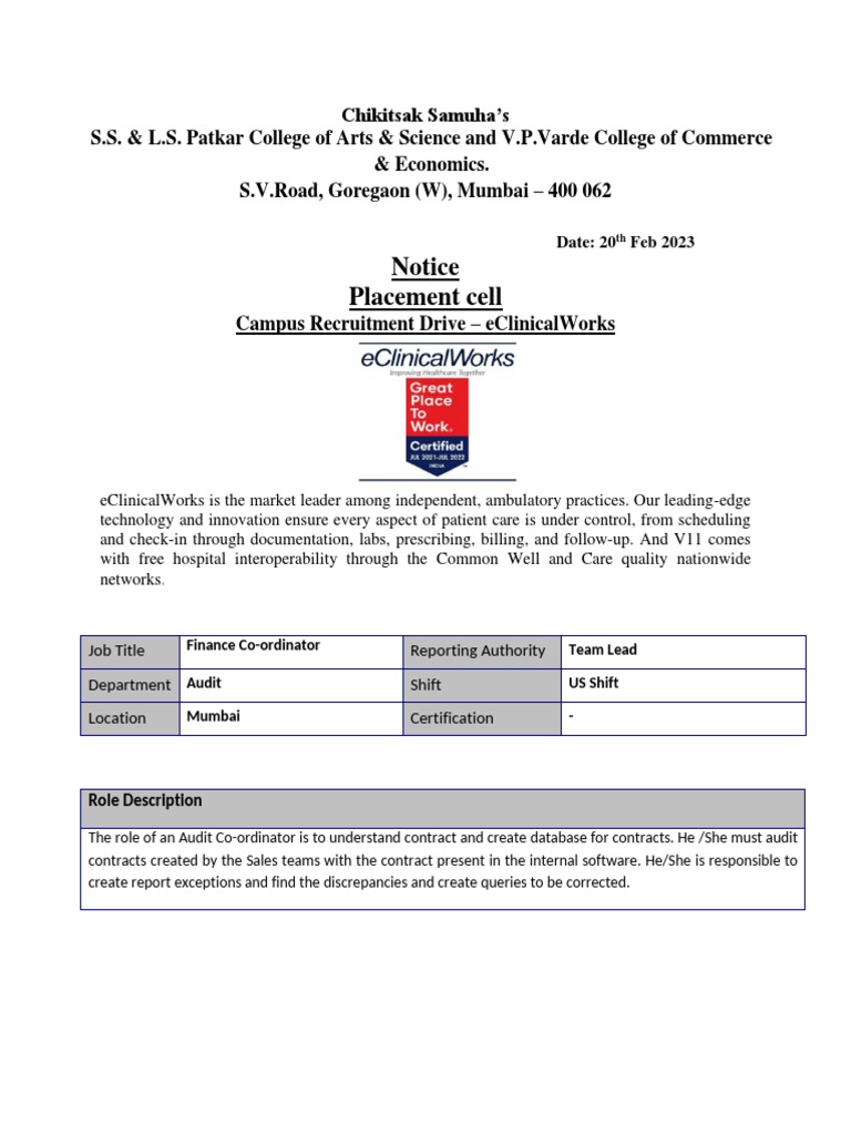 eClinicalWorksJD Finance CoOrdinator PDF Databases