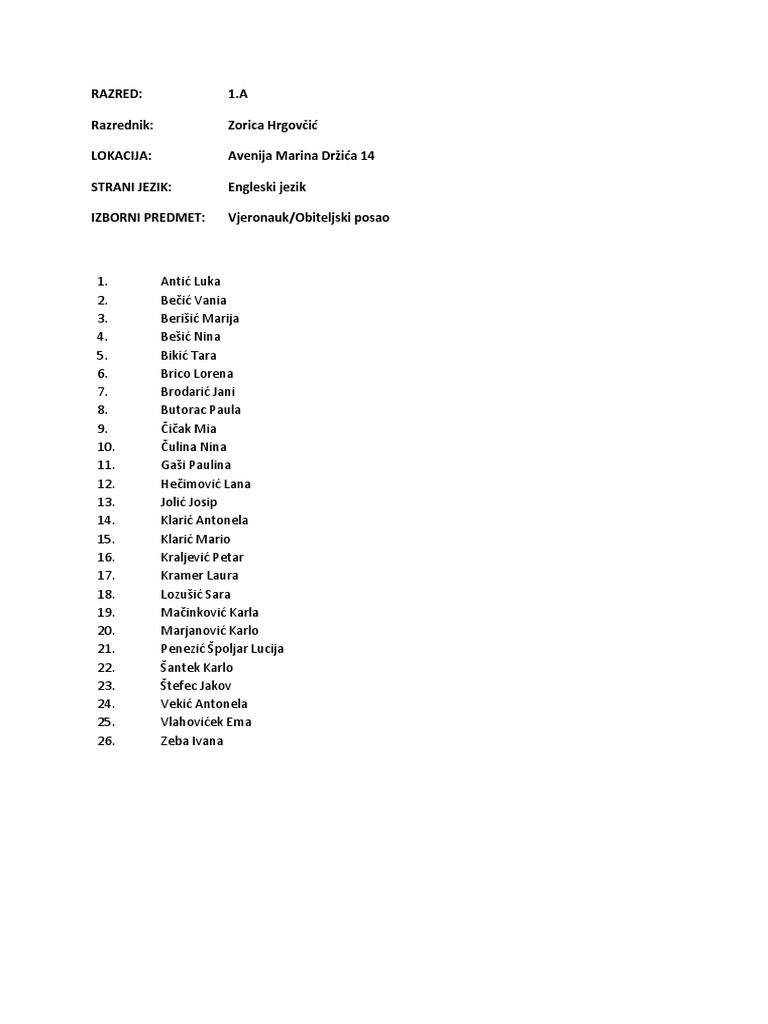 Razred Popis Ucenika 2022 2023 PDF PDF