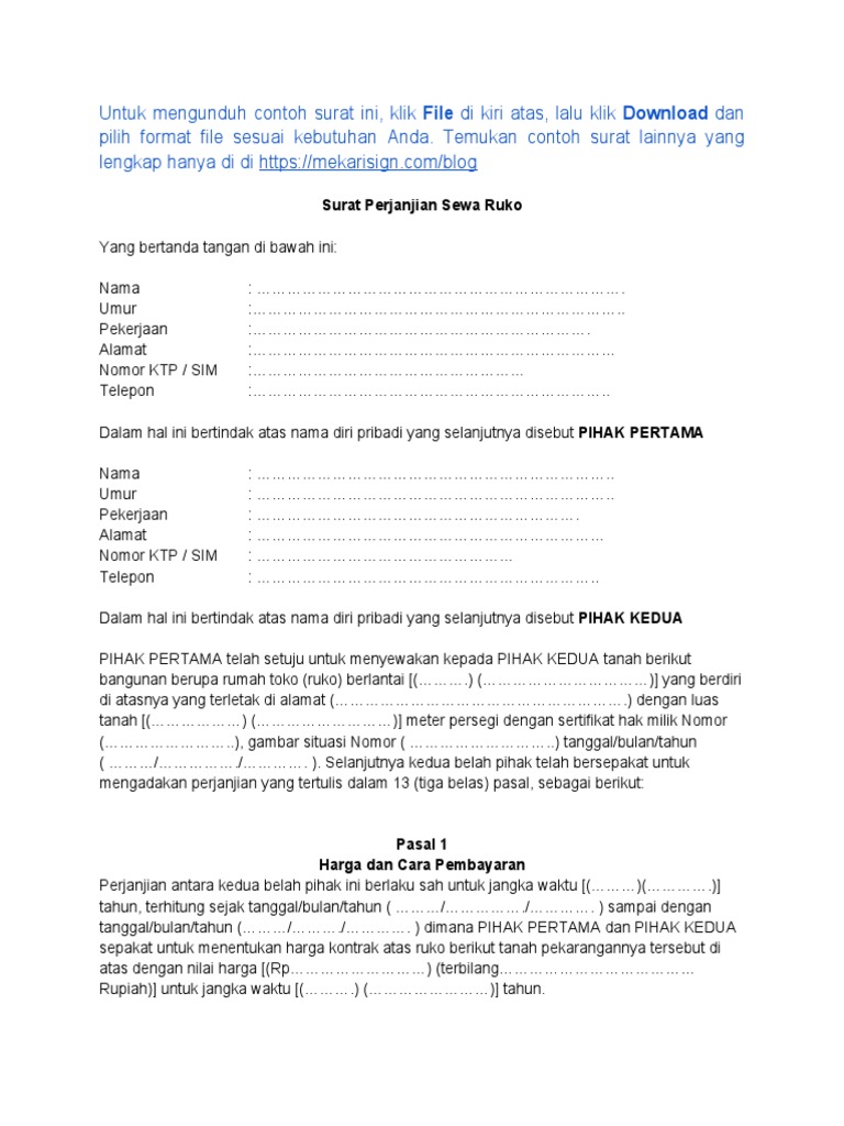 Contoh Perjanjian Sewa Ruko | PDF