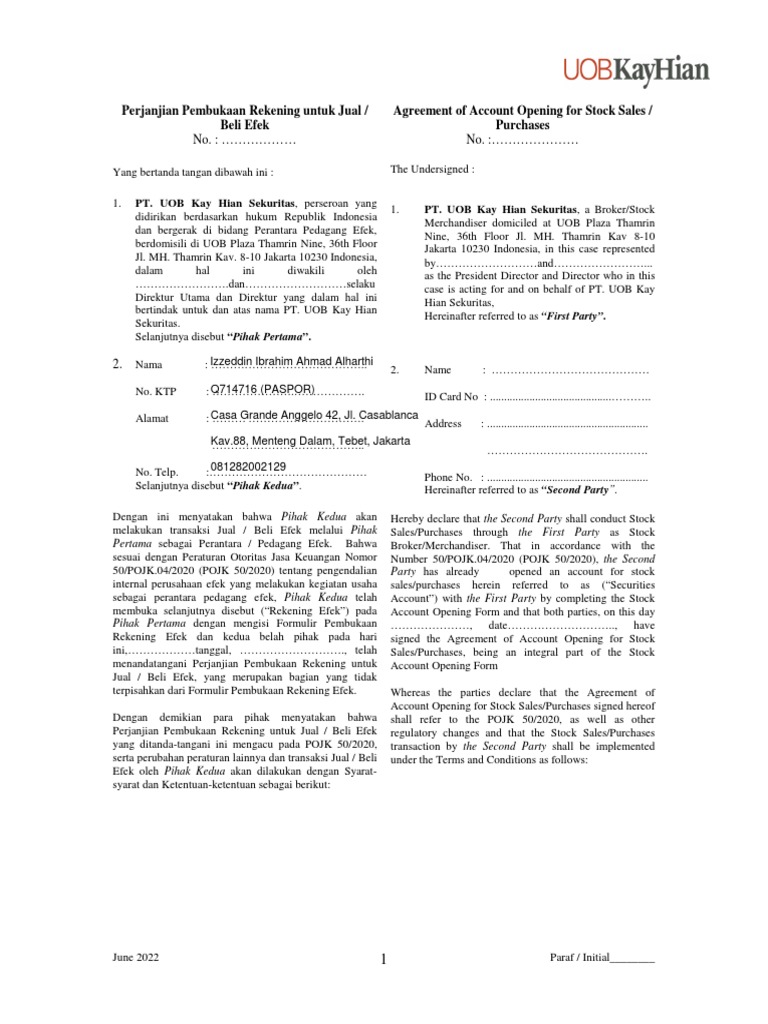 Agreement of account opening for stock sales and purchases individu