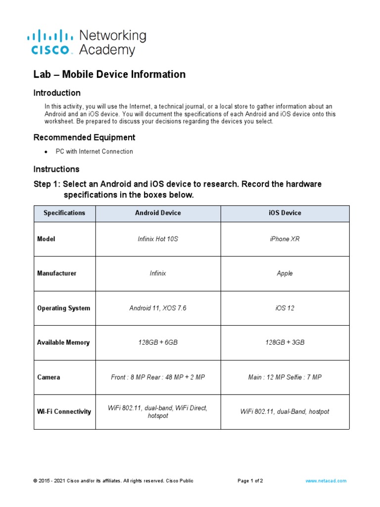 Mobile Device Comparison Lab Guide | PDF