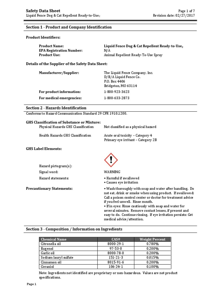 Liquid Fence Dog Cat Repellent Ready To Use 2 SDSFeb 17 PDF