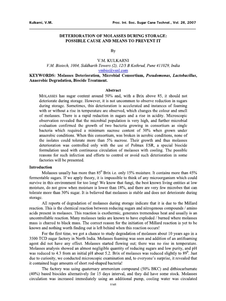 Deterioration of Molasses During Storage PDF PDF