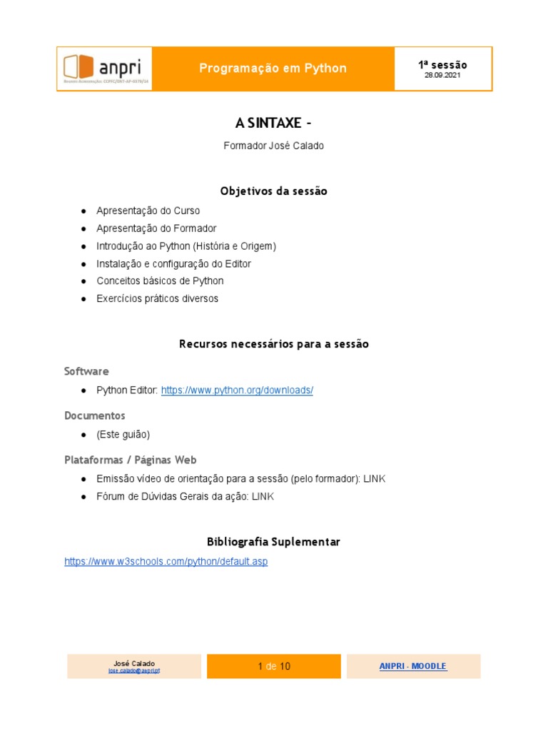 Introdução ao Python: 1ª Sessão | PDF | Python (linguagem de ...