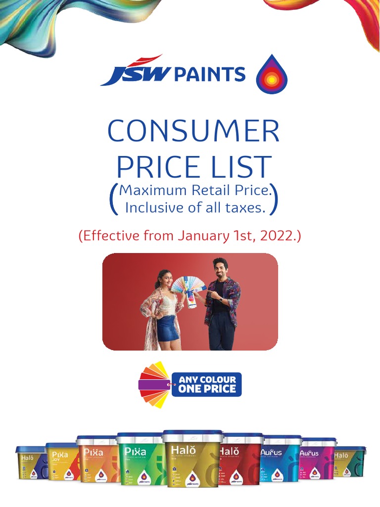 JSW Paints Consumer Price List Maximum Retail Prices for Wall Finishes