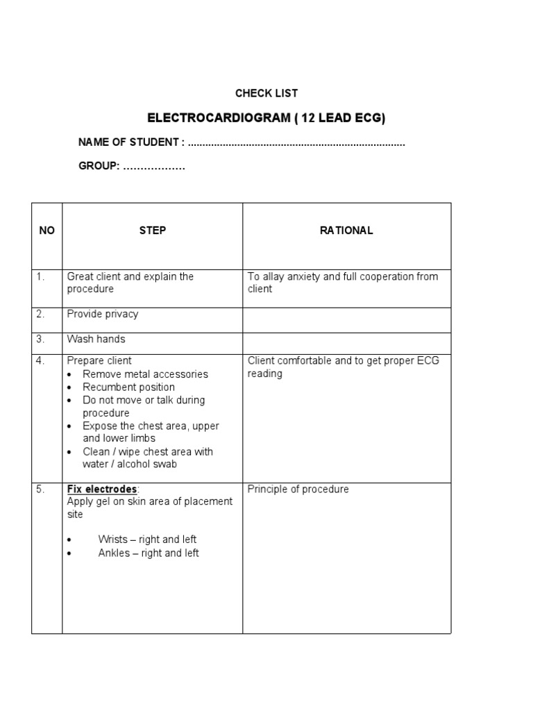 ECG Procedure Checklist for Students | PDF | Science & Mathematics ...