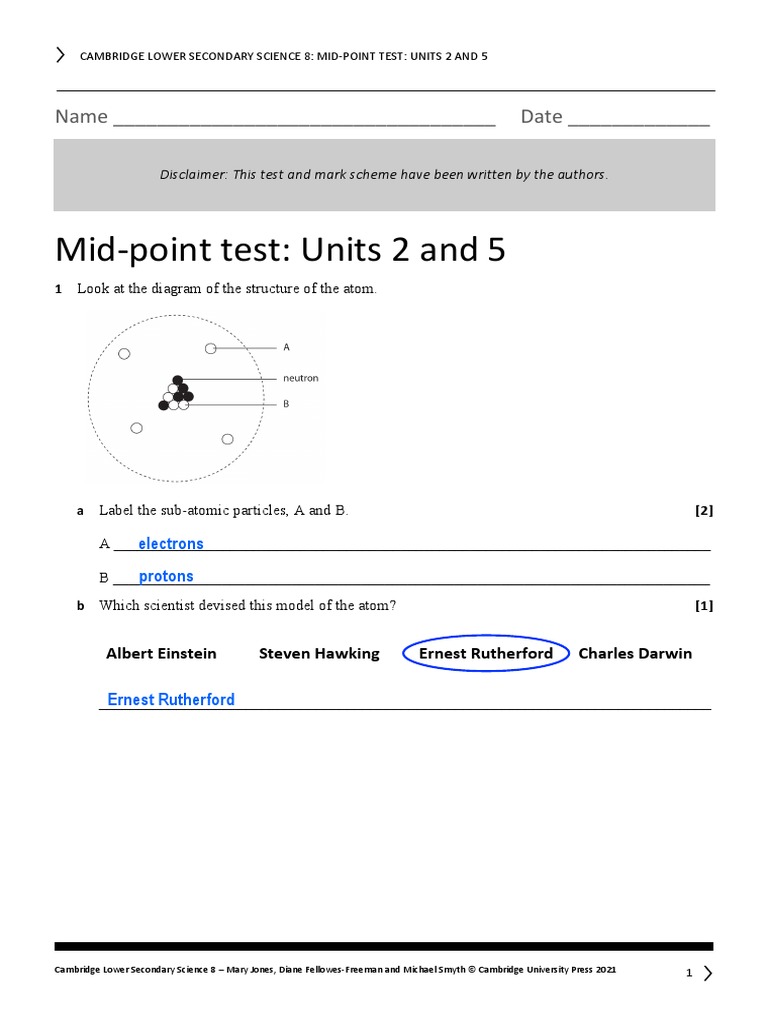S8 - Mid-Point Test - 2 and 5 PDF | PDF | Atoms | Electricity