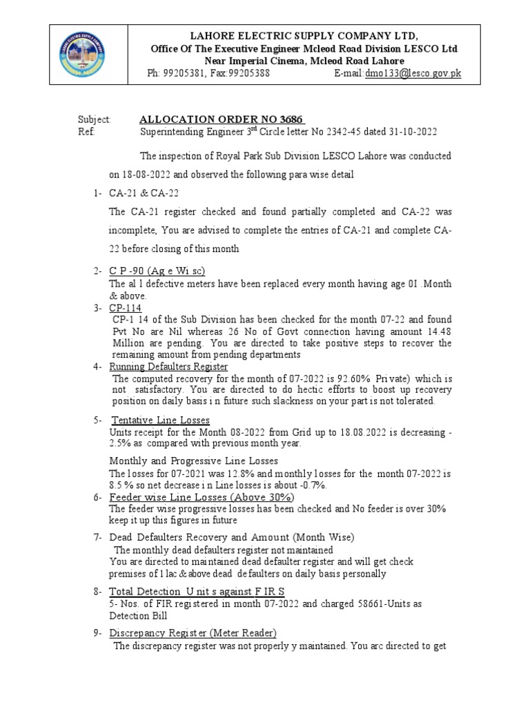 Lahore Electric Supply Company LTD, Office of The Executive Engineer