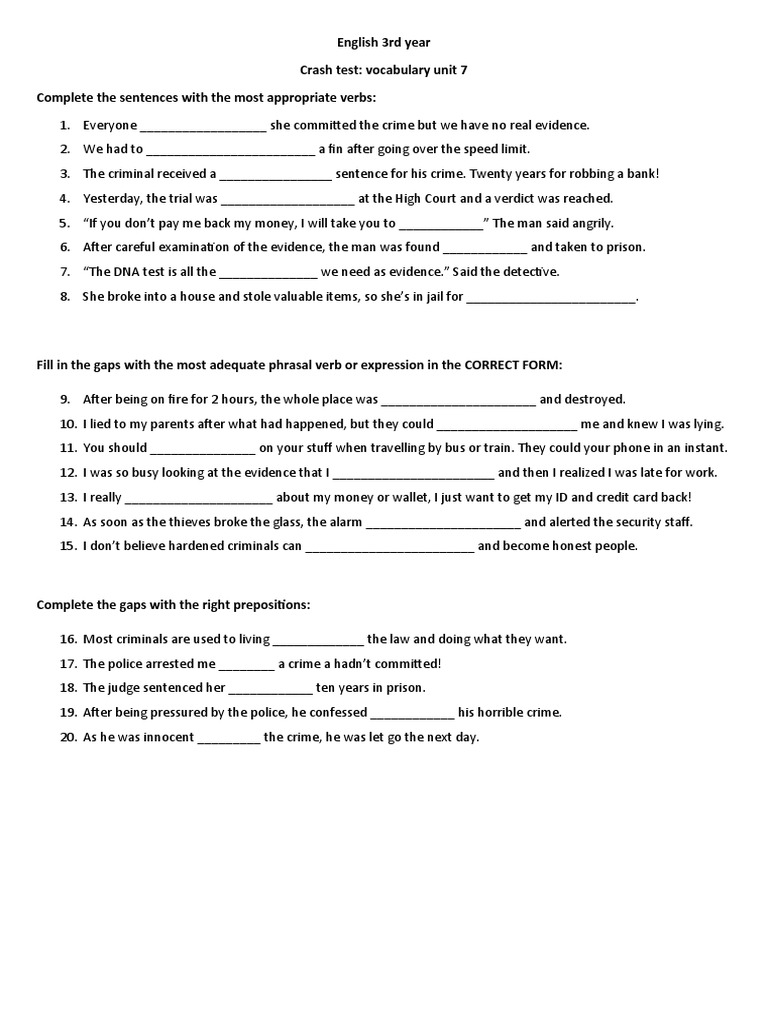 Vocabulary Crash Test Completing Sentences With Verbs, Phrasal Verbs