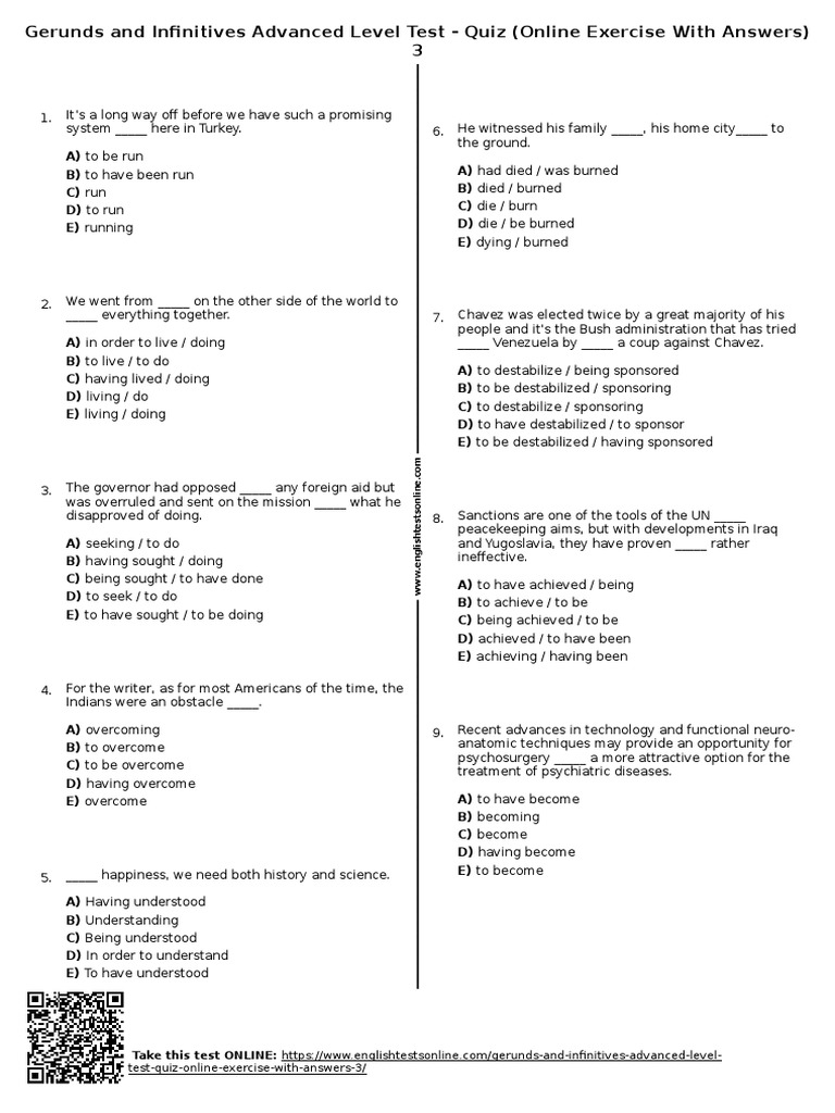 337 Gerunds and Infinitives Advanced Level Test Quiz Online Exercise