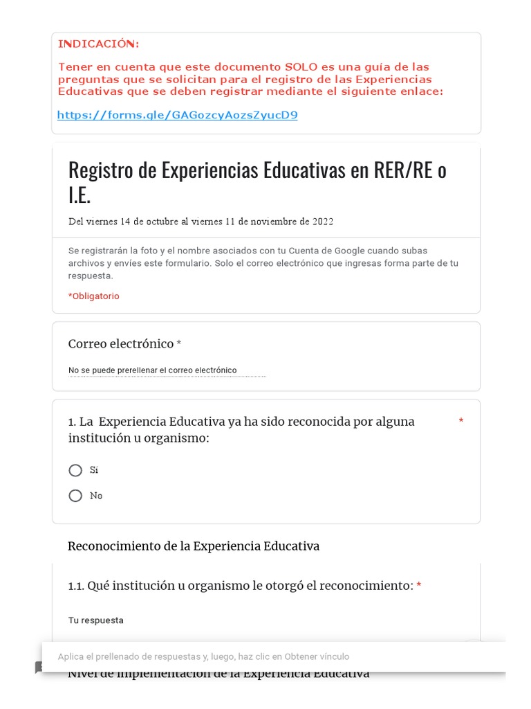 Registro de Experiencias Educativas RER/RE | PDF