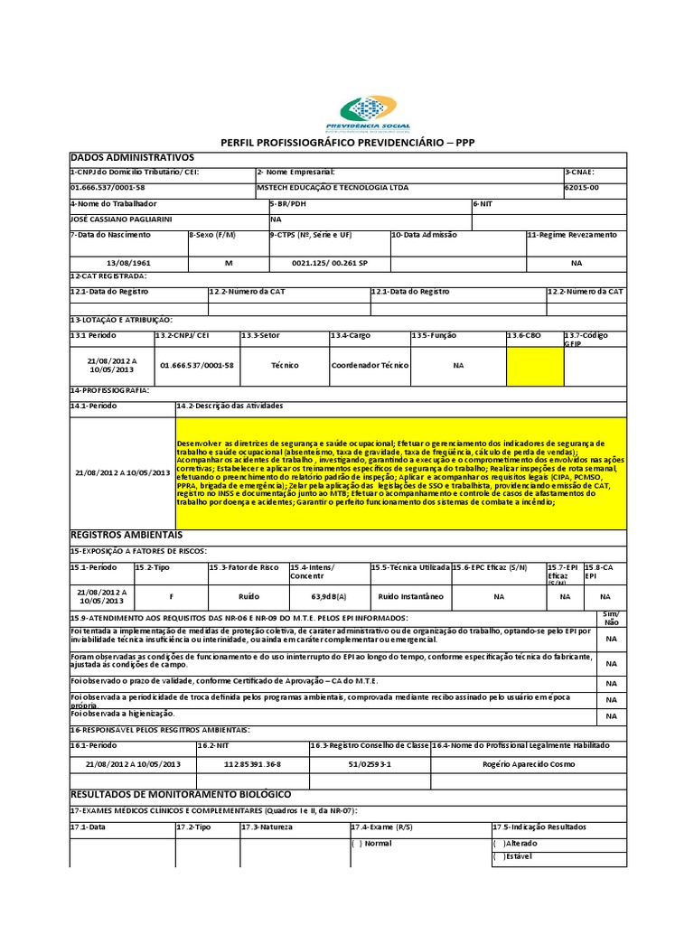 Modelo PPP Preenchido Download grátis PDF Sistema de saúde