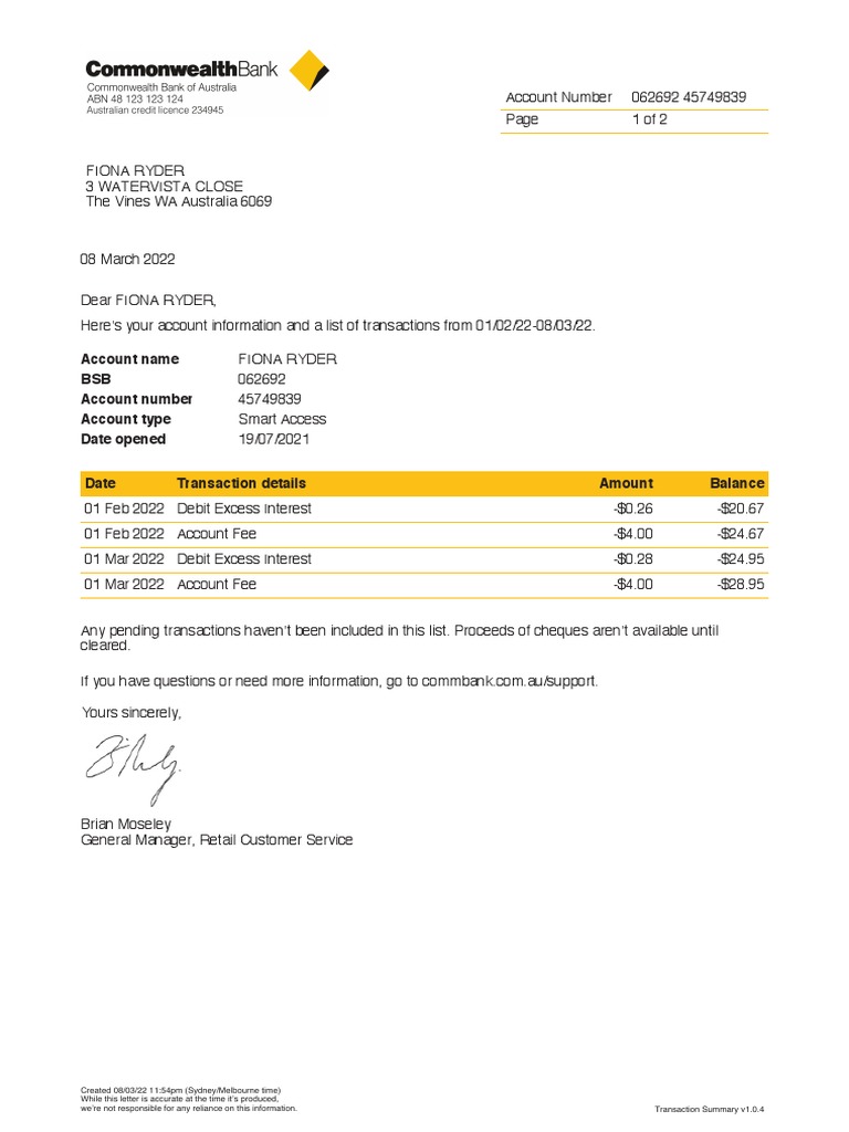 Fiona Ryder Account Transaction Summary | PDF