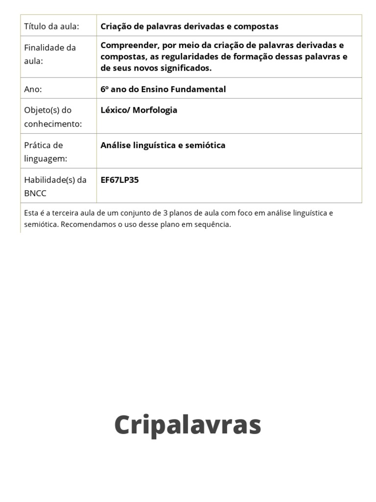 Criação de Palavras no 6º Ano | PDF | Artes Linguísticas e Disciplina