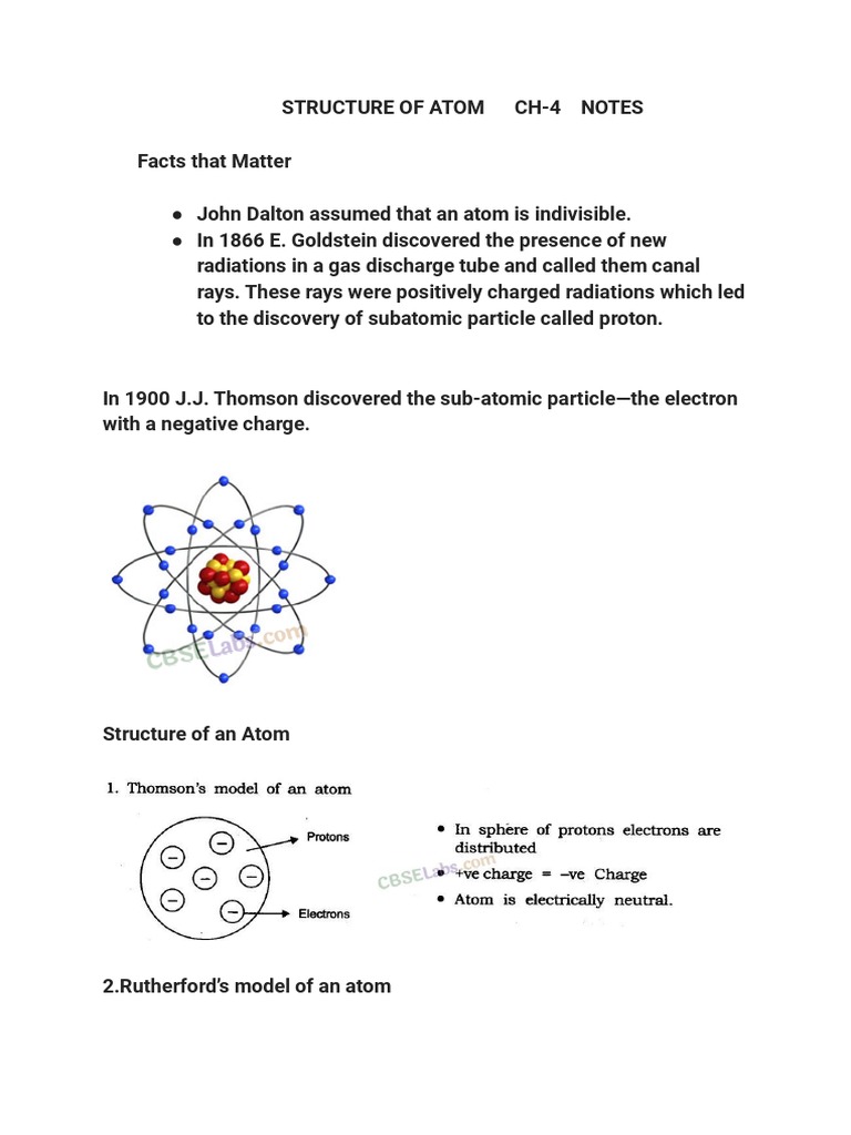 Class 9 Notes on Atomic Structure | PDF | Atoms | Atomic Nucleus