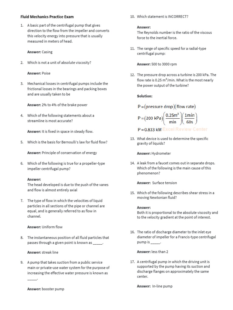 Fluid Mechanics Practice Exam Pdf Pump Fluid Dynamics
