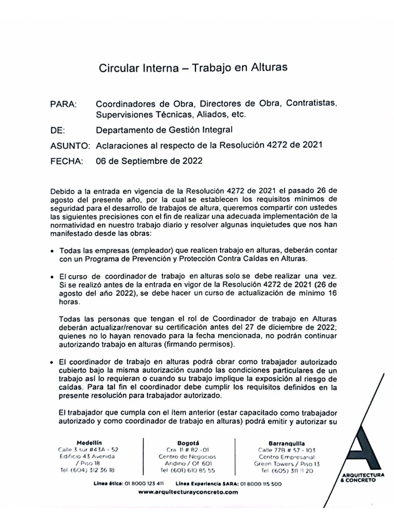 Circular Aclaraciones Resolucion 4272 - Alturas | PDF