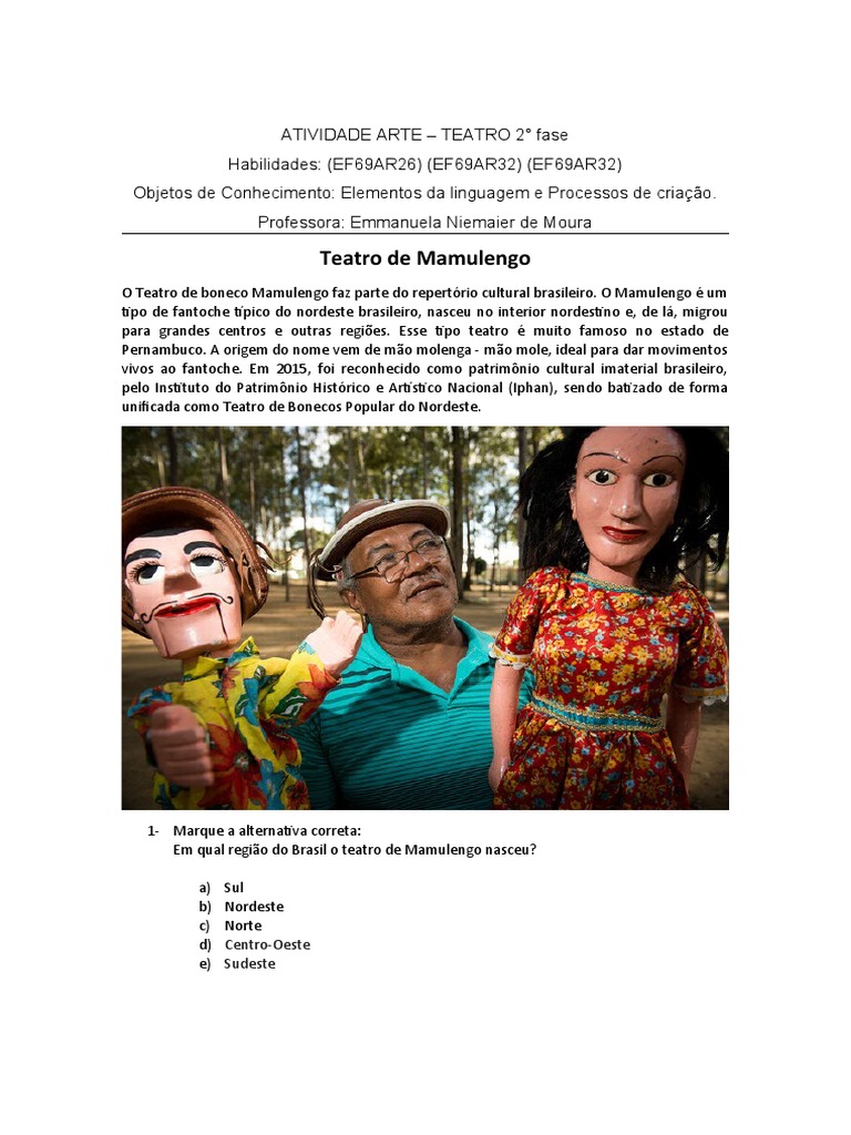ATIVIDADE Teatro 2 Fase Agosto | PDF