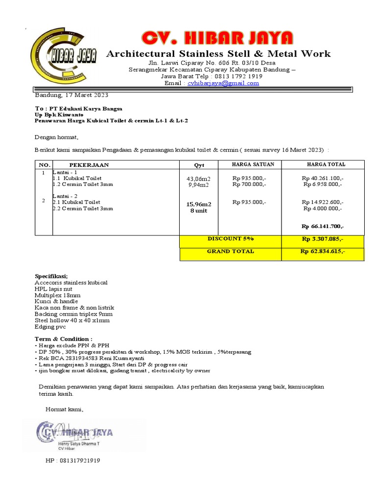 Penawaran Kubical Toilet dan Cermin | PDF