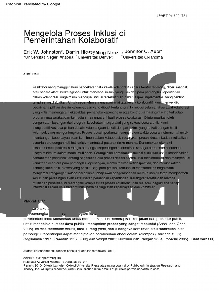 Management The Inclusion Process in Collaborative Governance PDF | PDF