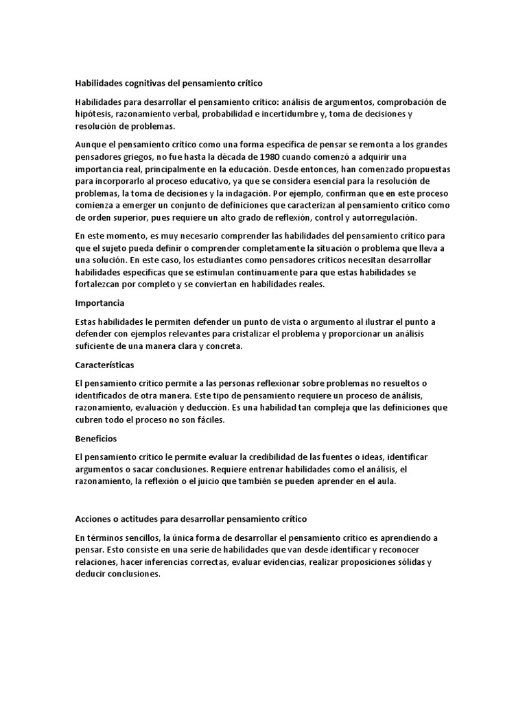 Habilidades del Pensamiento Crítico | PDF | Crecimiento personal y ...