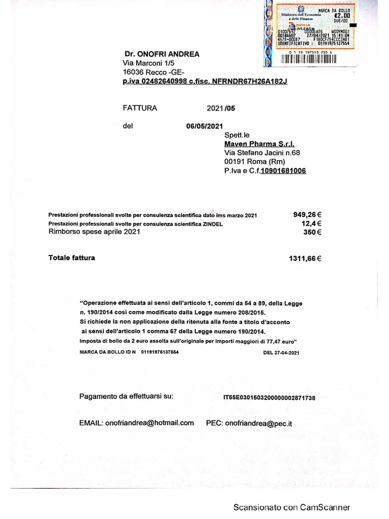 5 Fattura 2021 Andrea Onofri Copie PDF