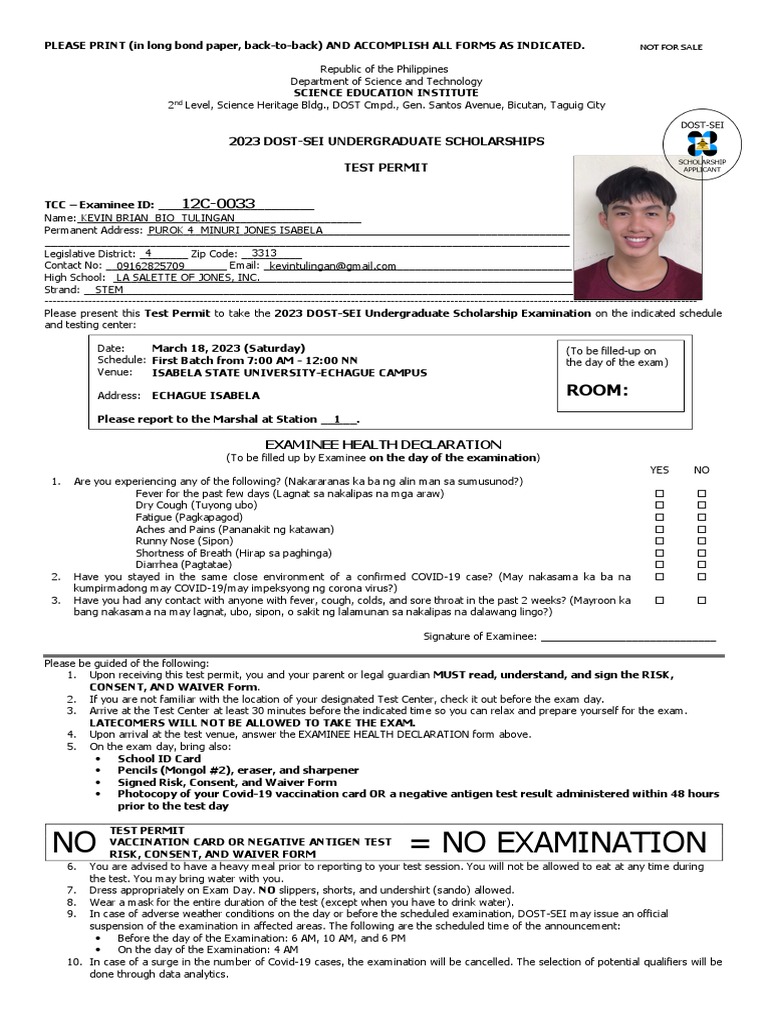 2023 DOST-SEI Scholarship Test Permit | PDF | Indemnity | Diseases And ...