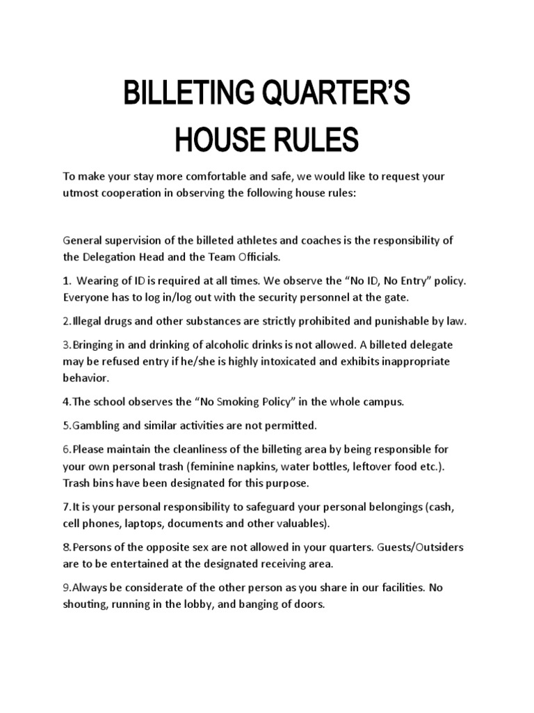 House Rules for Athlete and Coach Billeting Maintaining Order