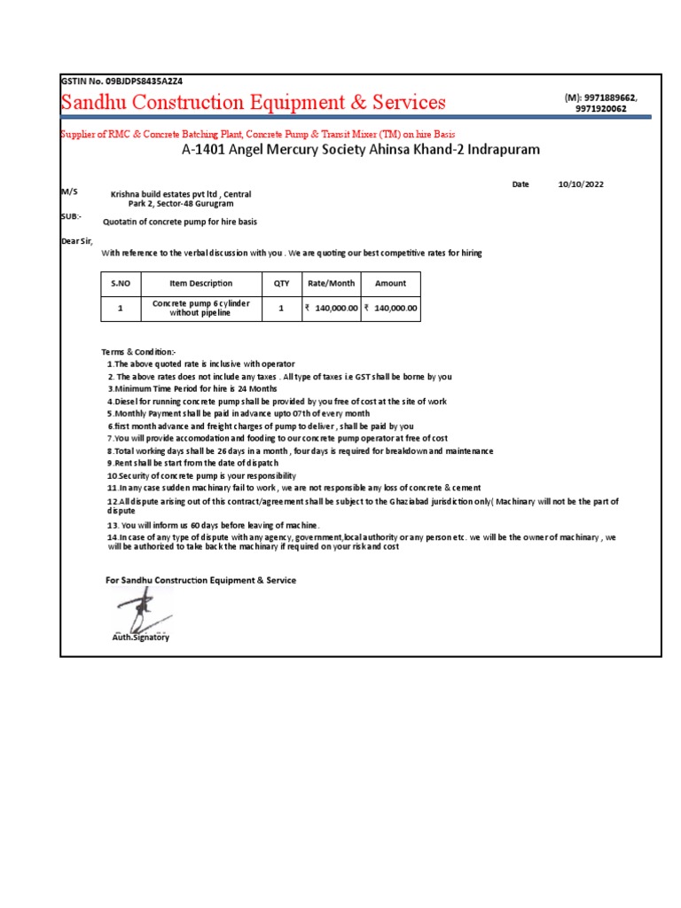 Concrete Pump Quotation PDF Government Finances Taxes