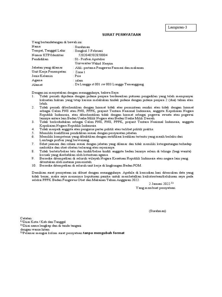 Surat Pernyataan p3k FIX | PDF