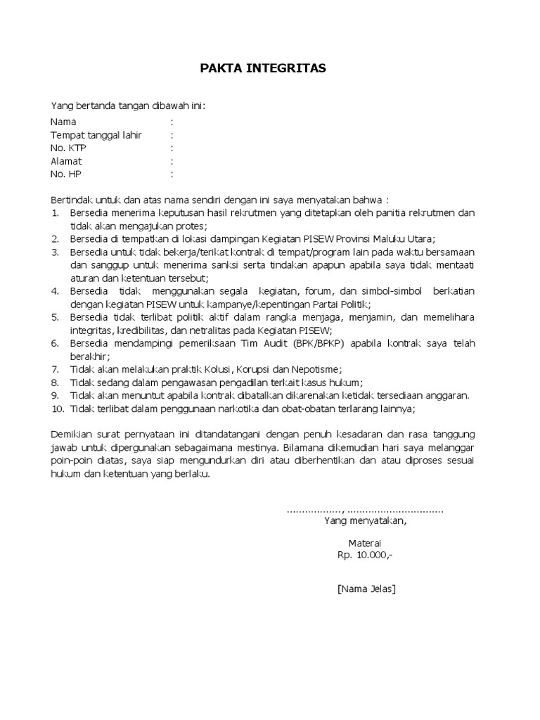 Contoh Pakta Integritas Lamaran Kerja | PDF | Hukum