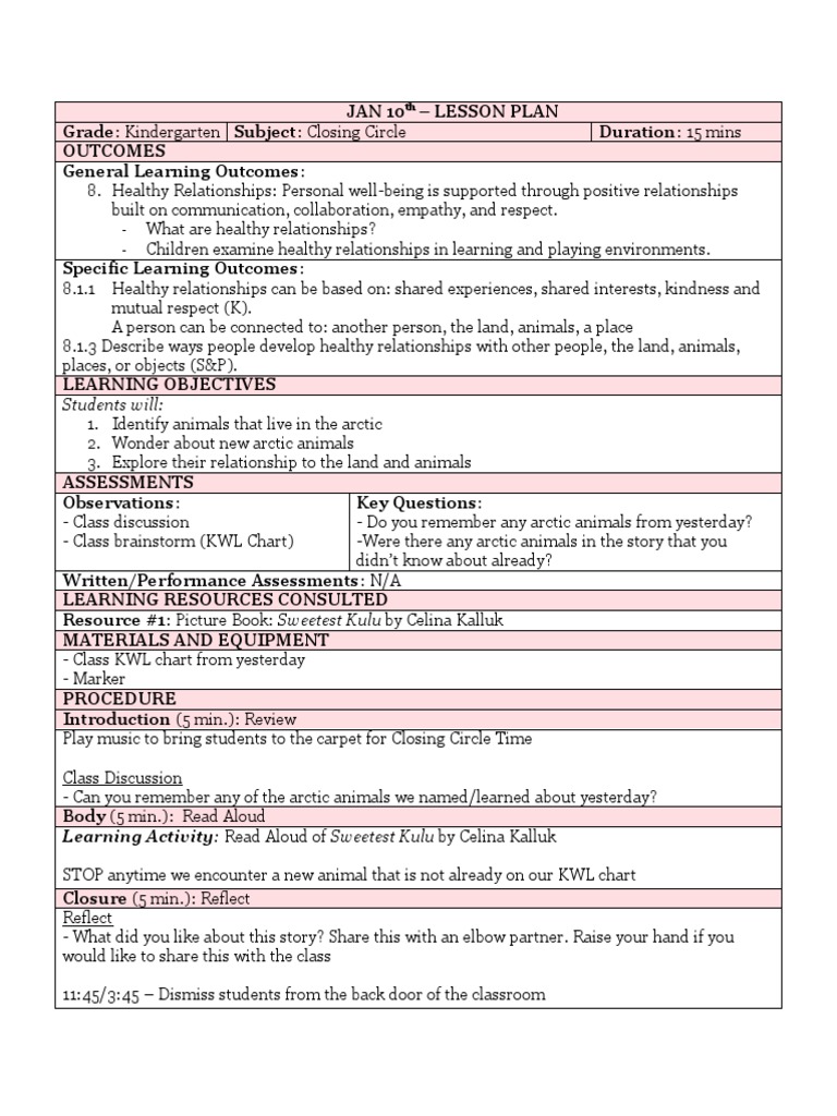Jan 10 Closing Circle Lesson Plan PDF Lesson Plan Learning