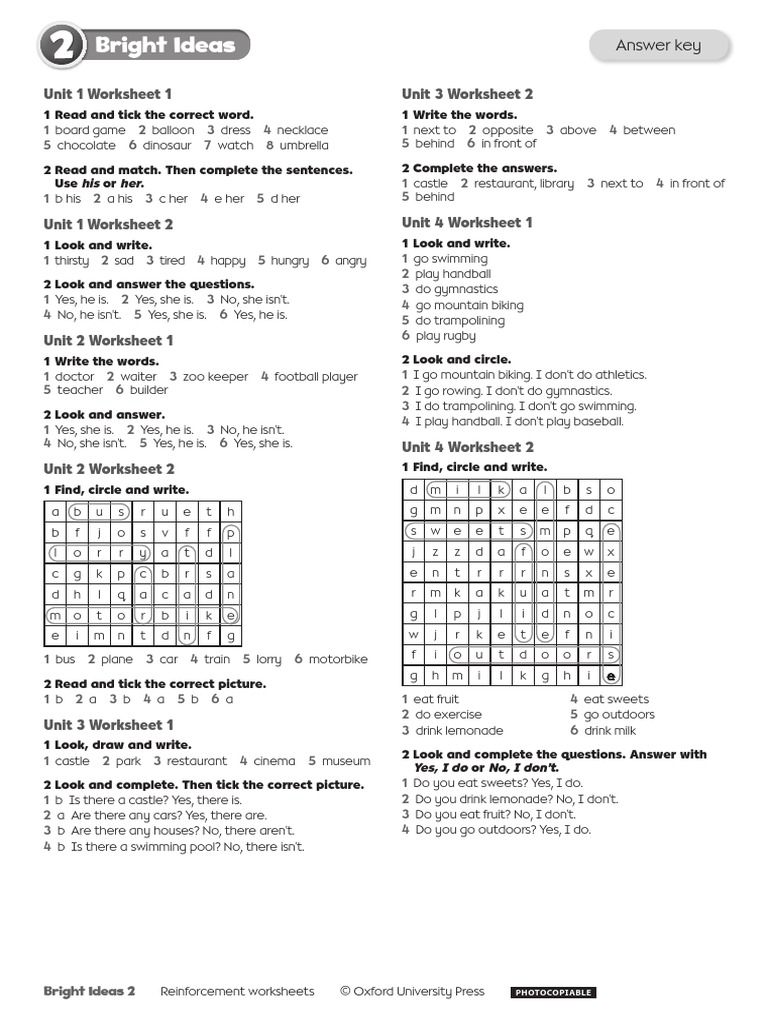 Bright Ideas Reinforcement Sheets Answer Key Level 2 | PDF