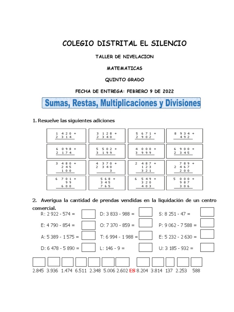 Taller de Matemáticas 5to Grado | PDF | Métodos y materiales de ...