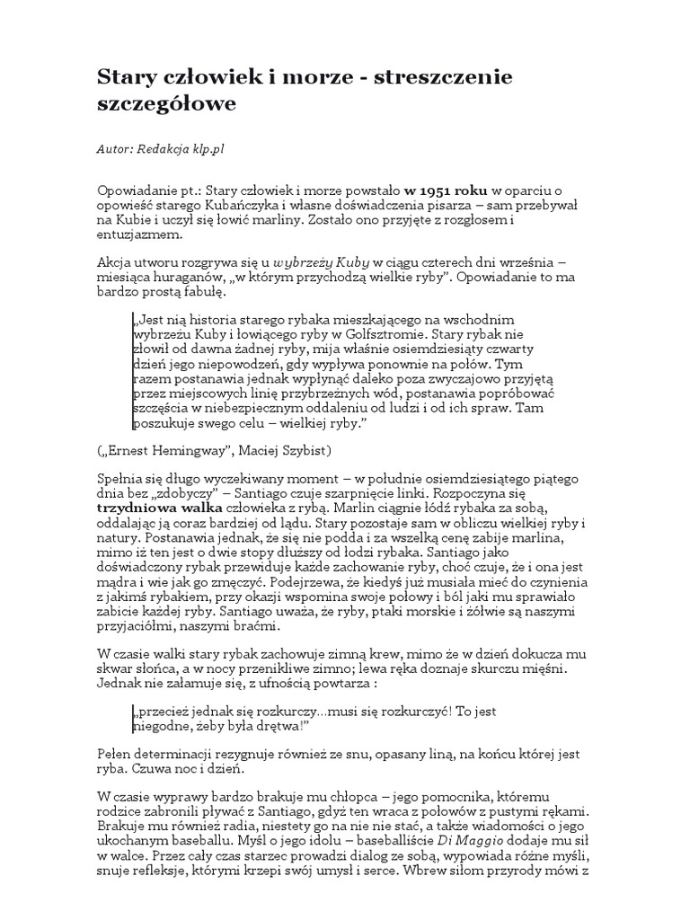 Stary Człowiek I Morze Cv Stary Człowiek I Morze - Streszczenie Szczegółowe1 | PDF