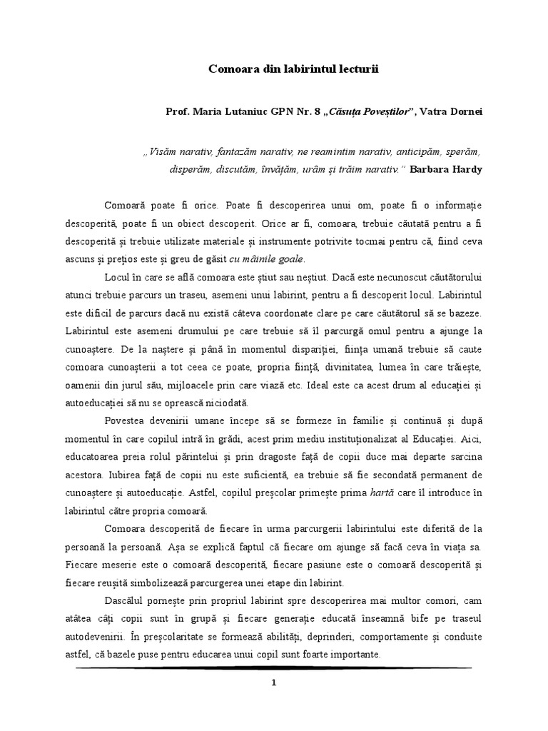 Comoara Din Labirintul Lecturii - Prof. Maria Lutaniuc | PDF